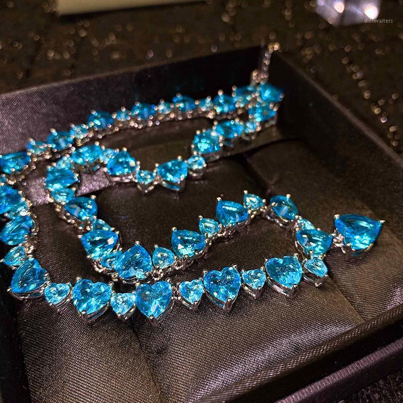 

Chains Full Diamond Necklace Inlaid Swiss Topaz Blue Colored Gems Love Heart-Shaped For Women