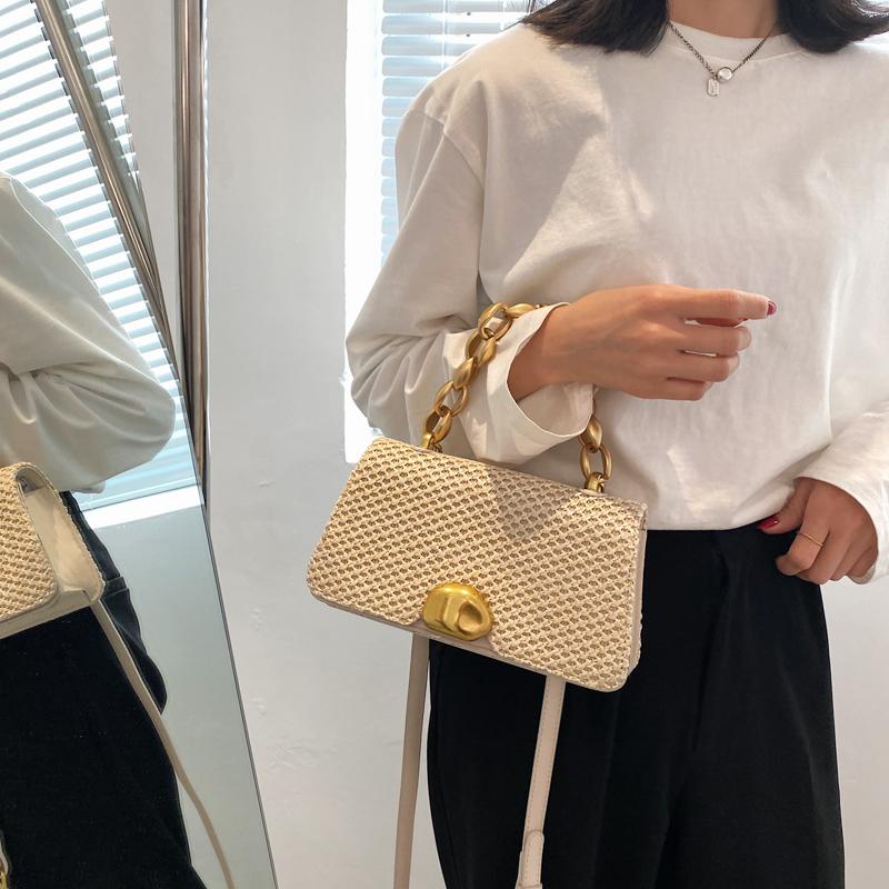 

Evening Bags Summer Handmade For Women Beach Weaving Ladies Straw Bag Wrapped 2021 Square Shaped Top Handle Handbags Totes, Beige