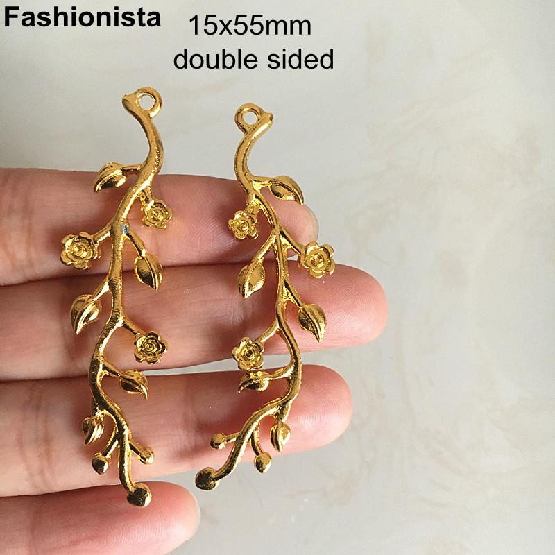 

Charms 30 Pcs/4 Pcs Metal Flower Leaves Branch 15x55mm Gold/KC Gold/Silver-color Double Sided Long Tree Pendant -U, Bronze;silver