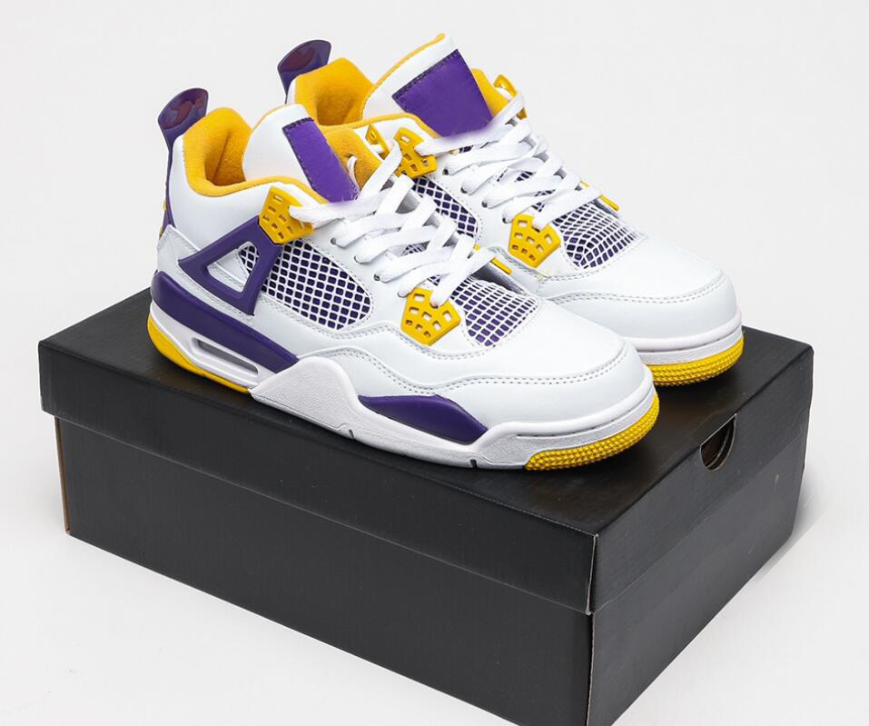 

With Box 4 NRG Raptors Mens Basketball Shoes 4s White purple Yellow womens Outdoor Running Trainers Sports Sneakers