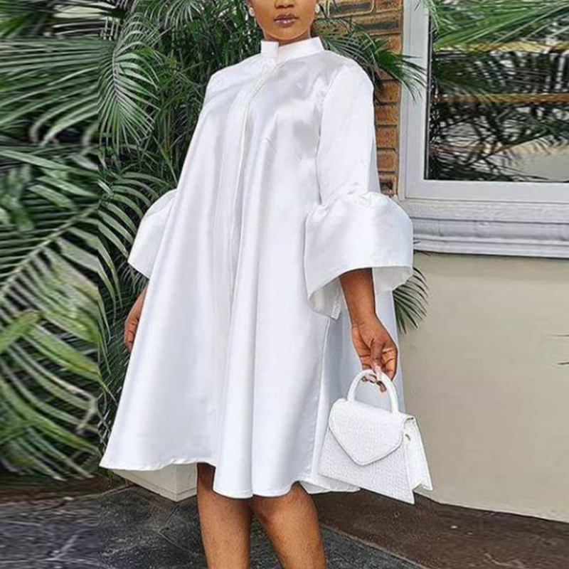 

Women Loose Dresses Stand Collar Three Quarter Sleeves Oversized White Yellow Plus Size Ladies Classy Summer Autumn Robes Gowns Dress For Lady 2021