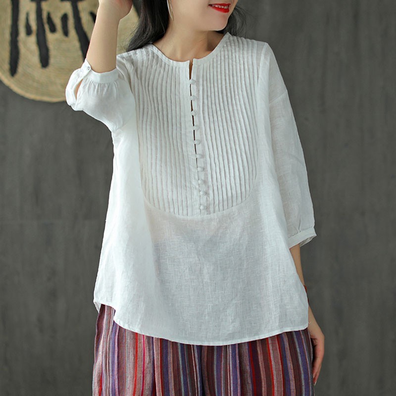 

Johnature Autumn Solid Color O-neck Button Three Quarter Sleeve Cotton Linen T-shirt Loose Leisure All-match Women Tops 210521, White