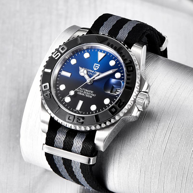 

Canvas Strap Mens Watch Luminous Automatic Mechanical Screw Crown Blue Dial Sapphire Wrist Waterproof 605 Wristwatches, 03