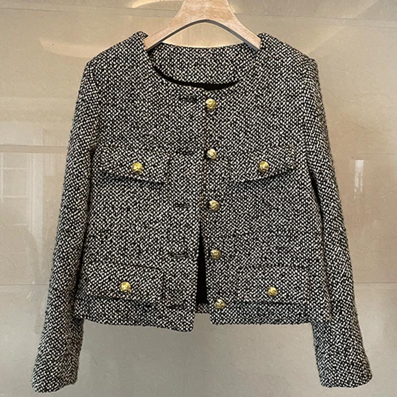 

Women' Jackets 2021 Autumn And Winter Short Vintage Gold Buckle Woolen Tweed Coat Long Sleeve Black Outerwear Chaqueta Mujer, Photo color