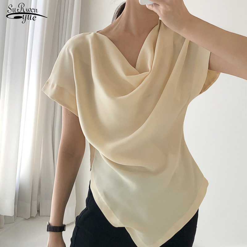 

Korean Chic Office Lady French Irregular Batwing Sleeve Blouse Elegant Bright Yellow Grey Color Slim Shirts Blusas 14524 210521, Gray
