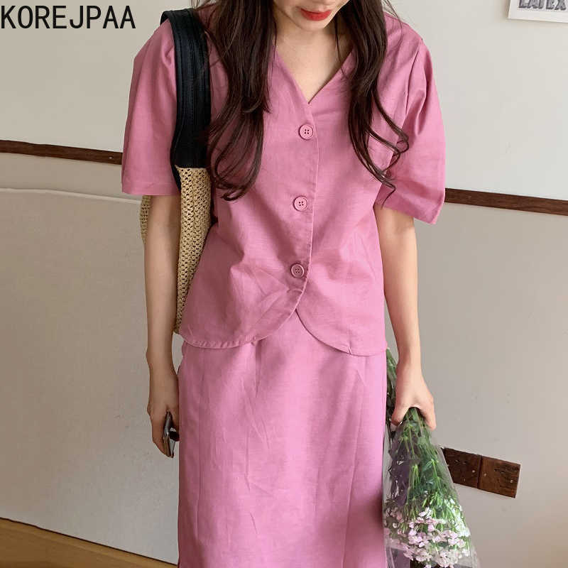 

Korejpaa Women Set Summer Korean Chic Ladies Gentle V-neck Three Button Puff Sleeve Suit High Waist Straight Slit Skirt 210526, Royal blue skirt