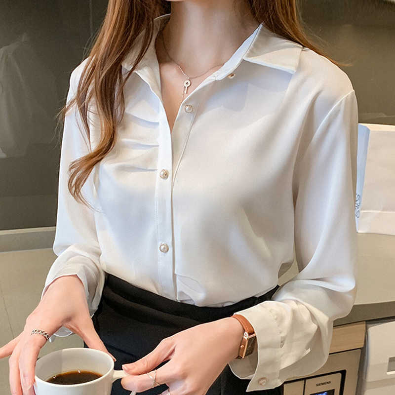 

Long Sleeve Chiffon Blouse Shirt Top Blouse Women Blusas Mujer De Moda Turn Down Collar Office White Blouse Tops Blusa D843 210602, Apricot