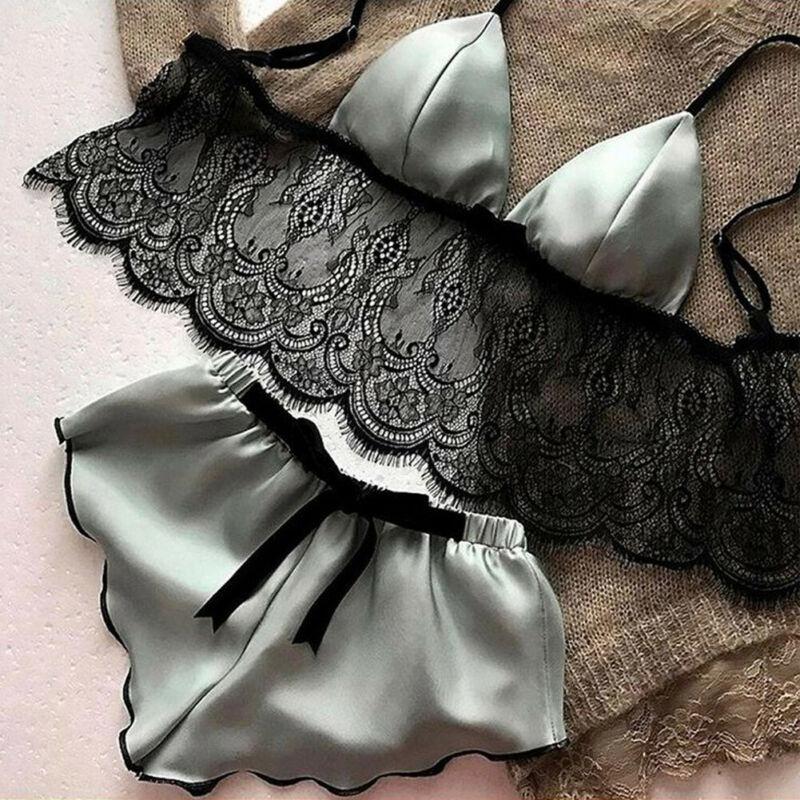 

Bras Sets Women's Underwear Sexy Silk Satin Lingerie Pajamas Crop Tops Bralette&Panty, Gray
