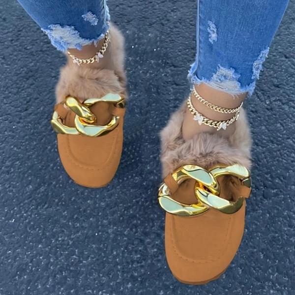

Winter Women Slippers Luxury Faux Fur Thick Warm Plush Flat Shoes Suede Gold Chain Female Slides Furry Woman, Pink