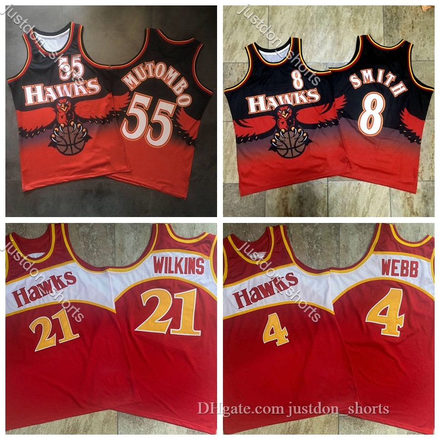 

Men Vintage Mutombo 55 Smith 8 Spud 4 Webb Dense Embroidery Mitchell & Ness Hardwoods Classics Basketball Jersey Shirts Sweatpants, Black;red