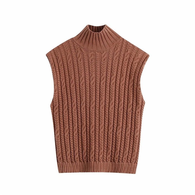 

Brown Sweater Vest Women Winter Cable Knitted Turtleneck Cropped Sleeveless Tops Casual Pullovers 210519