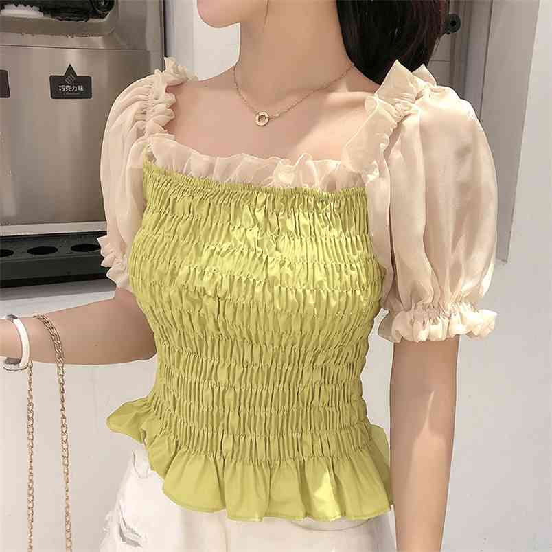 

Sexy Women Tops Elegant Square Collar Chiffon Blouse Shirts Vintage Puff Sleeve Lady Elastic Clothing 210519, Photo color