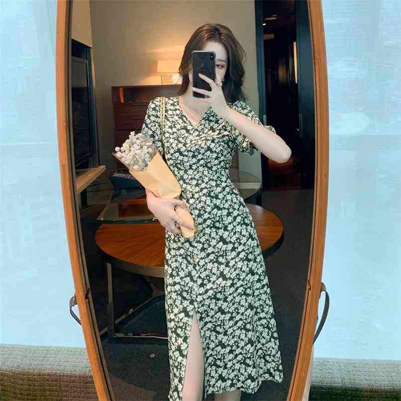 

Printed V-neck Chiffon Fashion Dress Female Little Daisy Retro French Floral Long Skirt Summer 210520, Green