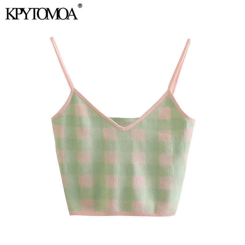 

KPYTOMOA Women Fashion Check Cropped Knitted Tank Tops Vintage V Neck With Thin Straps Female Camis Mujer 210616, As picture
