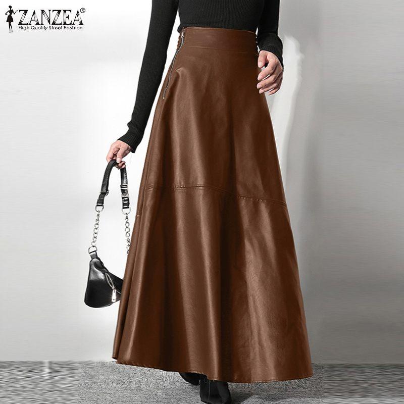 

Skirts Lady Zipper Long Skirt Women Elegant OL Solid ZANZEA Office Fashion PU Leather Party A Line Bottom Oversize, Blue