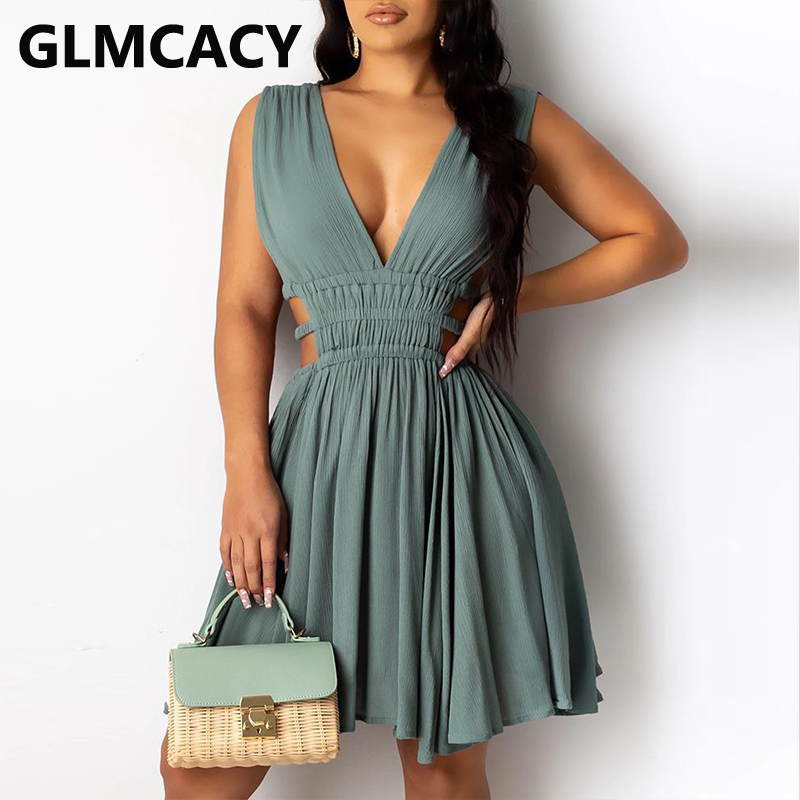 

2021women sleeveless plunge v-neck cutout ruched casual dress, Black;gray