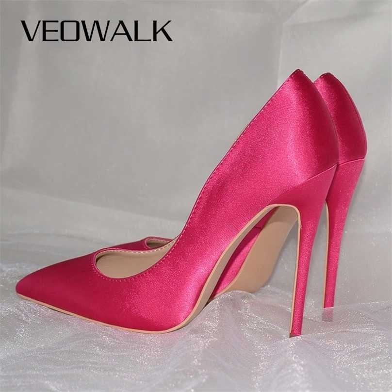 

Veowalk Rose Pink Women Satin Stilettos High Heels Slip On Pointy Toe Silk Pumps Elegant Ladies Wedding Bridal Dress Shoes 211029, Rose 12cm heel