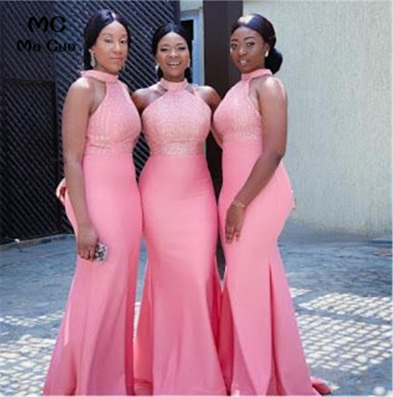 

Bridesmaid Dress African Mermaid Lace Dresses Halter Wedding Party Sleeveless Elastic Satin Maid Of The Honor