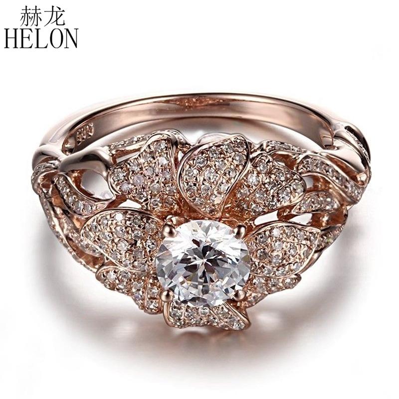 

Cluster Rings HELON Solid 14K (AU585) Rose Gold Flower Shape Round 5.5mm Natural White Topaz Ring Women Engagement Diamonds Fine Jewelry, Golden;silver