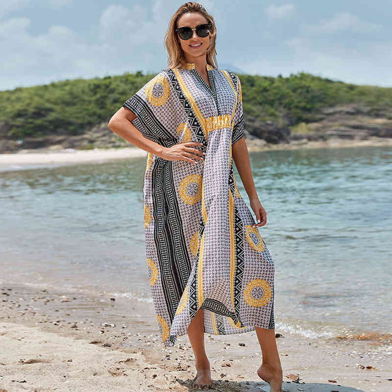 

Bohemian Women Summer Beach Dress Swim Wear Cover Up Polyester Tunic Sexy V-Neck Robe Caftan Bikini Cover-ups pareo Q927 210420, Gray