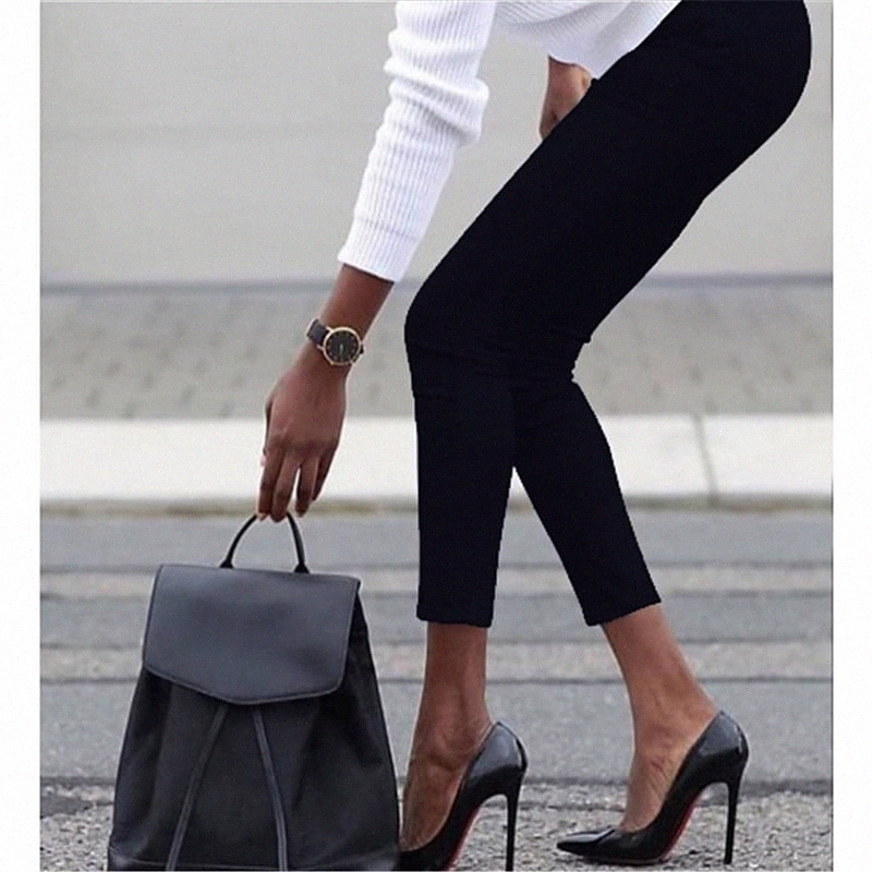 Women's Formal Cigarette Elastic Waist Full Length Pants Work Weekend Stretchy Solid Color Comfort Breathable High Waist Wine Black Grey Nav