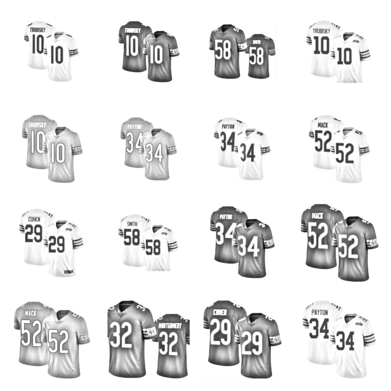 

2021 Football Jerseys 10 Mitchell Trubisky 58 Roquan Smith 29 Tarik Cohen 32 Montgomery 34 Walter Payton 52 Khalil Mack, Black;red