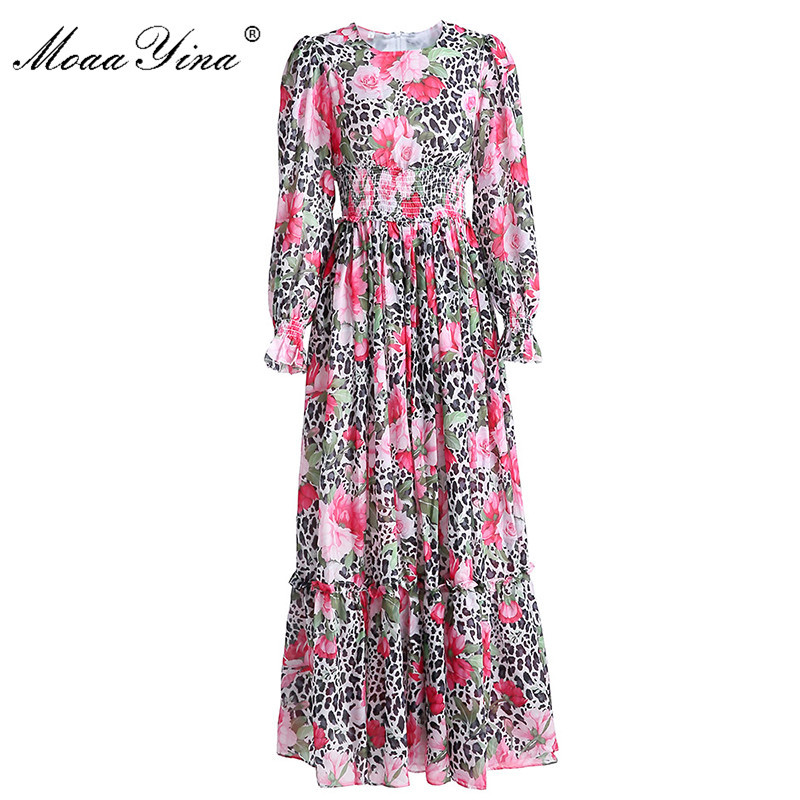 

Fashion Spring Summer Women Dress Lantern Sleeve Leopard print Elasticated waist Vacation Maxi Dresses 210524, Multi