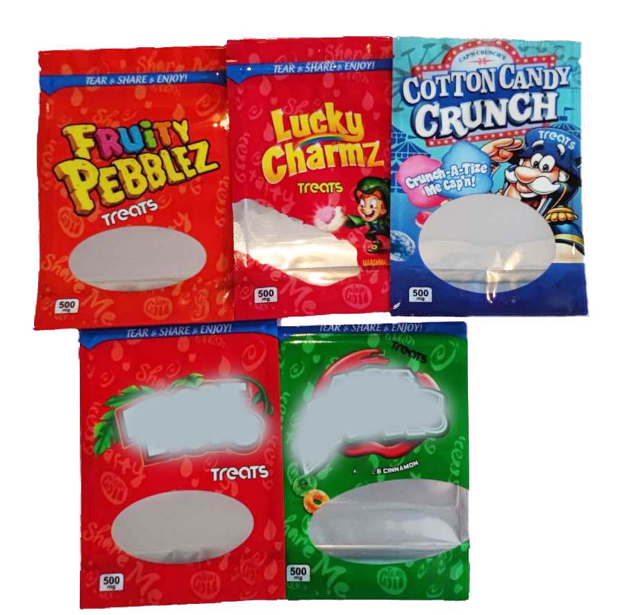 

INFUSED Cereal TREATS edibles LOOPZ packaging 500mg packing bags Empty Caramel treats cocoa Fruity Pebblez RICE KRISPYZ cannaburst gummies Lucky charmz bag