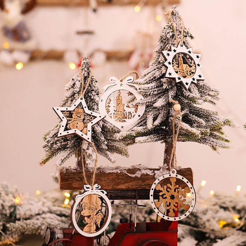 

Christmas Decorations Ornaments White Edge Five-star Round Wooden Pendant Three-dimensional Hollow Creative Tree Crafts
