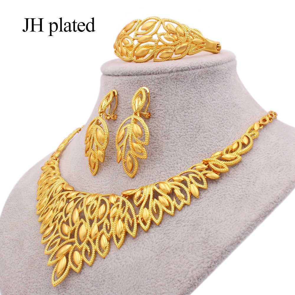 

Jewellery set gold color jewelry sets Dubai wedding ornament bridal gifts for women collares necklace bracelet earrings ring set 210720