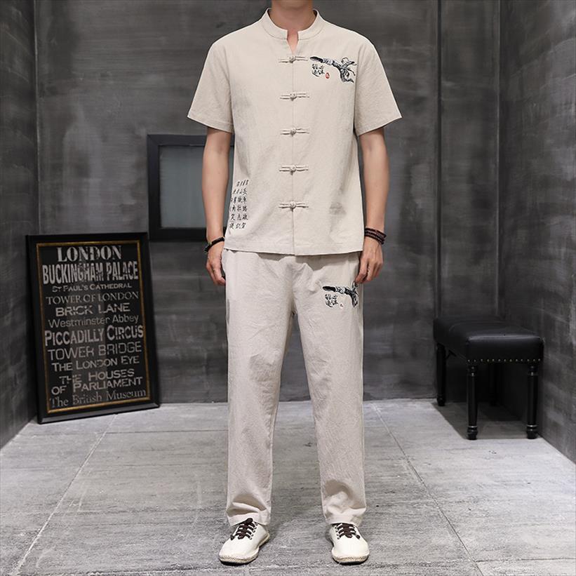 

5xl plus size classic mens tracksuit linen short sleeve button down shirt and pants 2pc summer streetwear chinese clothes, Gray