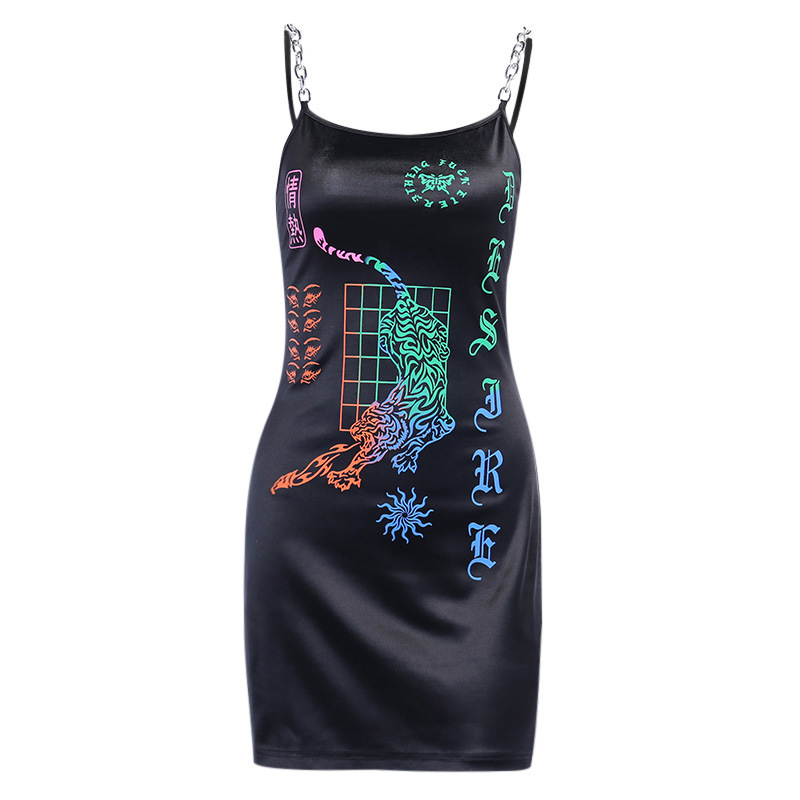 

Paris Girl Gothic Dark Black Multi-color Tiger Down the Mountain Printing Bright Summer Suspenders Short Dress 210524