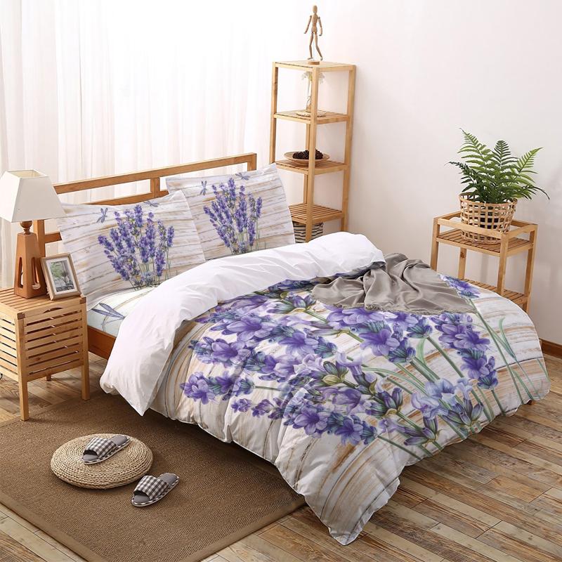 

Bedding Sets Purple Flower Lavender Dragonfly Wooden Print Comforter Set Duvet Cover Queen King Bed Home Housse De Couette Gift, As pic
