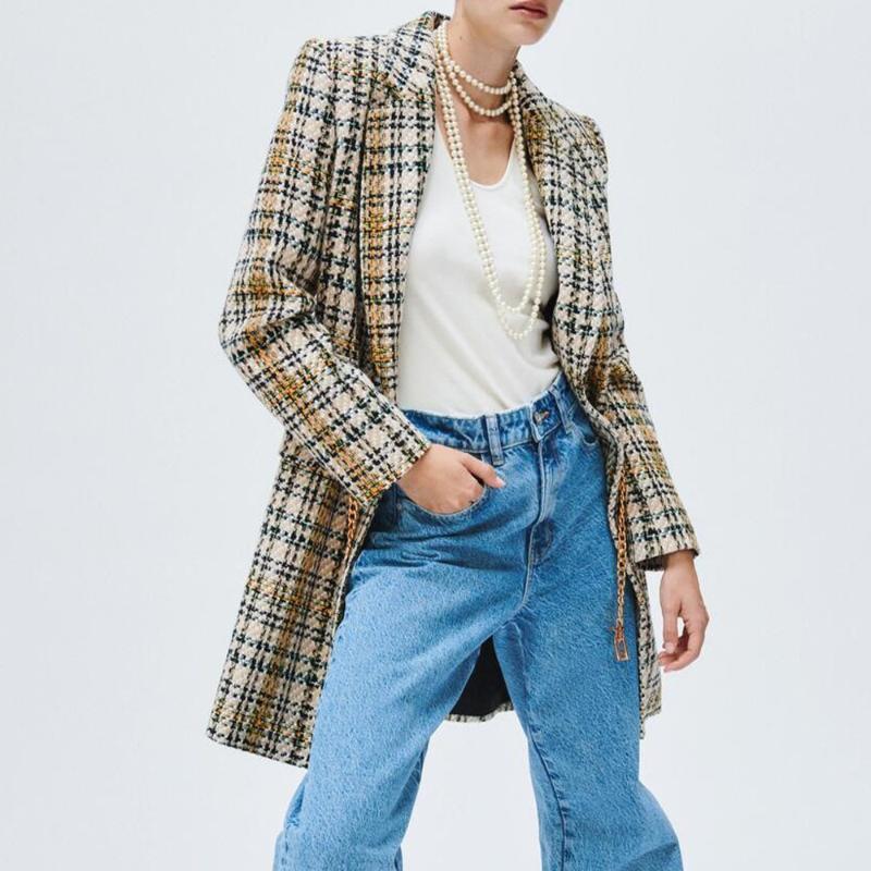 

Women's Jackets DiYiG WOMAN 20121 Autumn And Winter Fashion All-match Mid-length Golden Belt Texture Suit Jacket, Beige