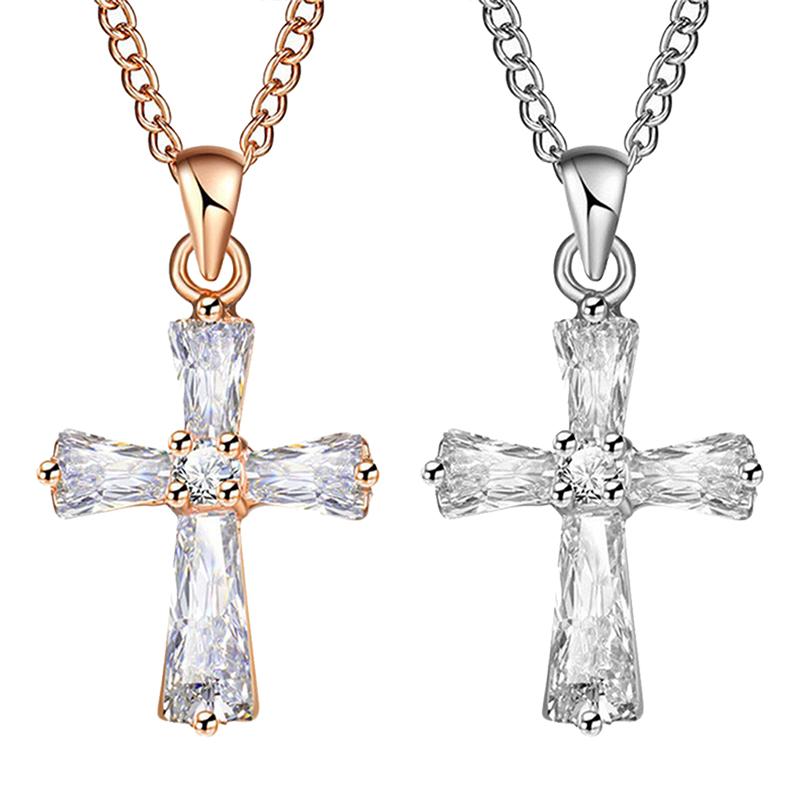 

Pendant Necklaces Rose Gold Color Cross Necklace Female Crystal Cubic Zirconia Long Jewelry, Silver