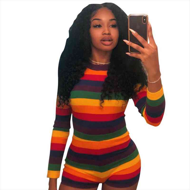 

rainbow striped short jumpsuit o neck long sleeve romper women jumpsuit playsuit club la8027, Black;white