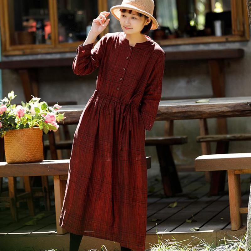 

Johnature Plaid Linen Women Dress Spring Vintage Loose Button Women Clothes Stand Collar Loose Leisure Ladies Dresses 210521, Dark red