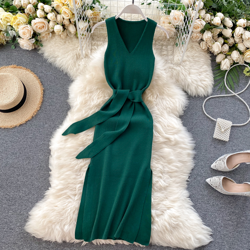 

2021 Slim v neck Bodycon Knitted bandage midi long Dress Summer Party elegant tank dress casual Women sexy split tunic dresses, Wine red