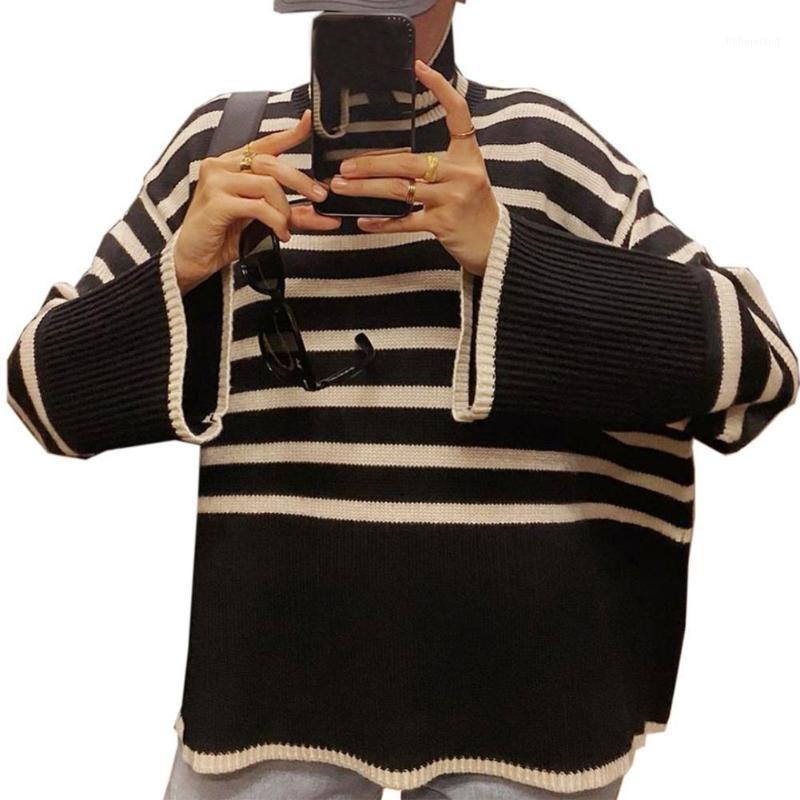 

Women' Sweaters Forefair 2021 Autumn Winter Oversized Knitted Pullover Women Turtleneck Long Sleeve Khaki Striped Loose Sweater Casual Fash, Black