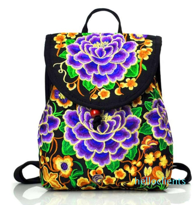 

backpack Ethnic style backpack Yunnan shoulder embroidered bag, Red peony (large)