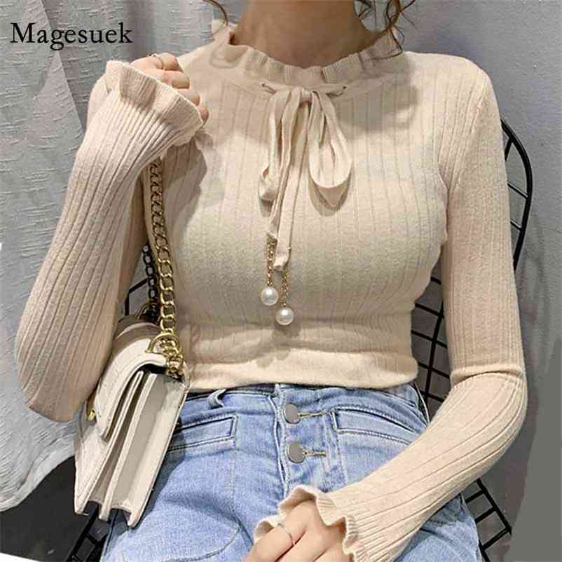 

Autumn Winter Korean Style Sweaters for women Ruffle Pearl Tie Bowknot Long Sleeve Pullover Solid Slim Sweater Pull Femme 11566 210518, Black