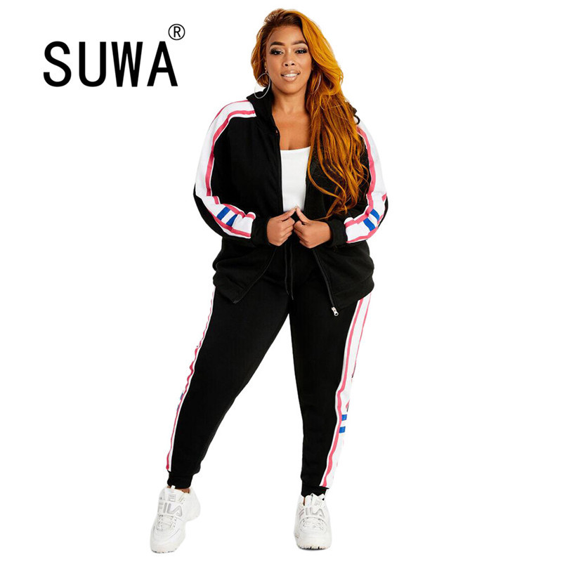 

Black Classic Side Print Fall Winter Joggers Women Set Long Sleeve Fashion Coats Baggy Pants Track Suit Casual Two Piece Outfits 210525