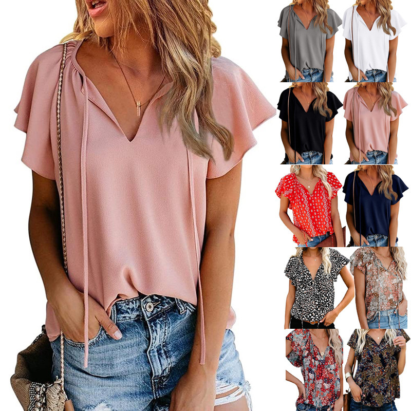 

women's 2021 spring / summer new casual print v-neck short sve shirt top, White