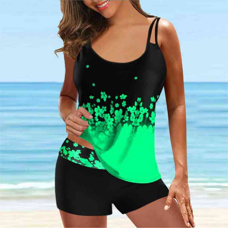 

summer beach conservative tankini bikini set womens digital print suspender split swimsuit with shorts summer beach swimwear, White;black