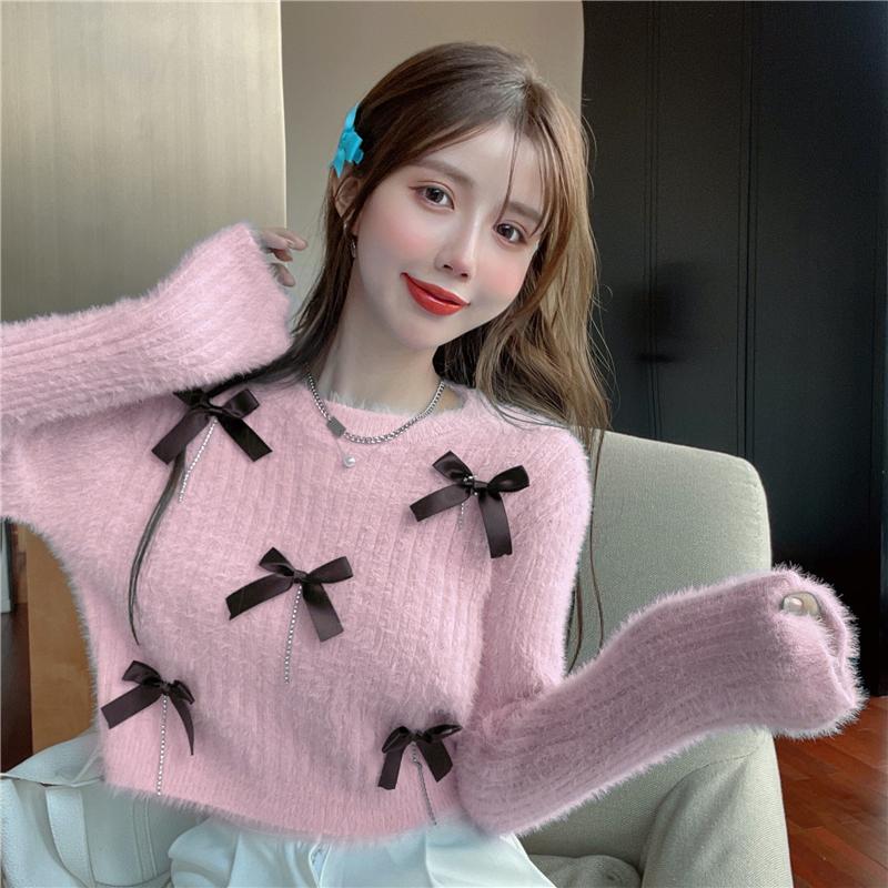 

Women's Sweaters Gentle Slim Korean O Neck Bow Long Sleeve Pink Mohair Sweater Women Short Jumpers Pull Femme Wild Solid Blue Knitted Top, White;black
