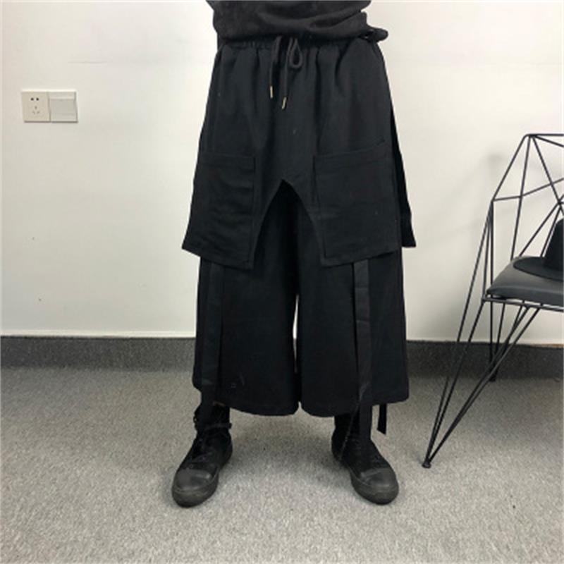 

Men's Pants Autumn Winter Designer Personality Loose Haren Straight Culottes Dark Original Runway Fake Two Wide Leg, Black