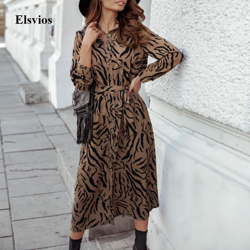 

Casual Dresses Women Bandage Striped Print Long Elegant Turn-Down Collar Sleeve Party Office Ladies Button Shirt 46B4, Floral print