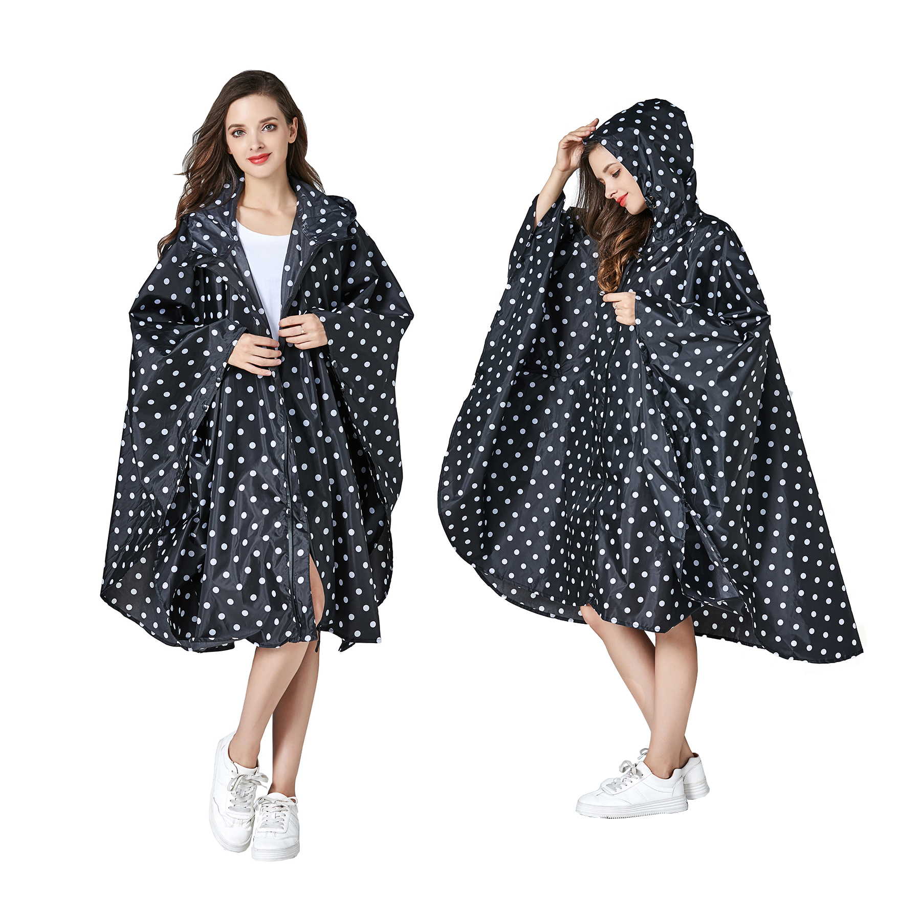 

Womens Styish Waterproof Rain Poncho Coofu Print Raincoat with Hood and Zipper