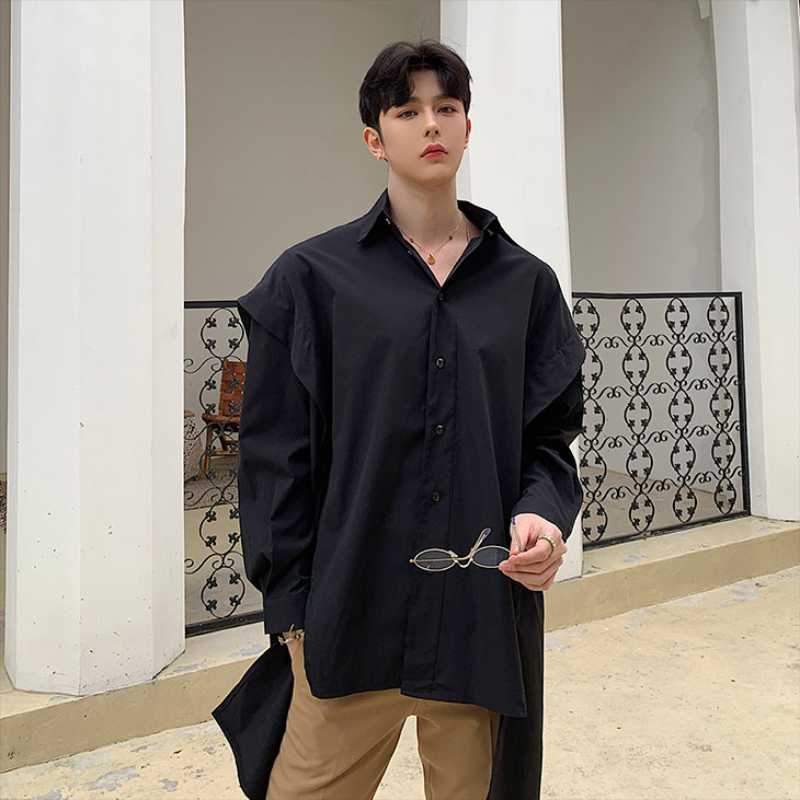 

Men's Casual Shirts Long Sleeve Shirt Spring And Autumn Personality Shoulder Irregular Hem Fashion Dark Loose Large Size, Black