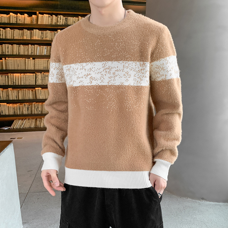 

sweater knit men's clothing autumn and winter t shirt thickened round neck pullover color matching backing fashion 30, White;black